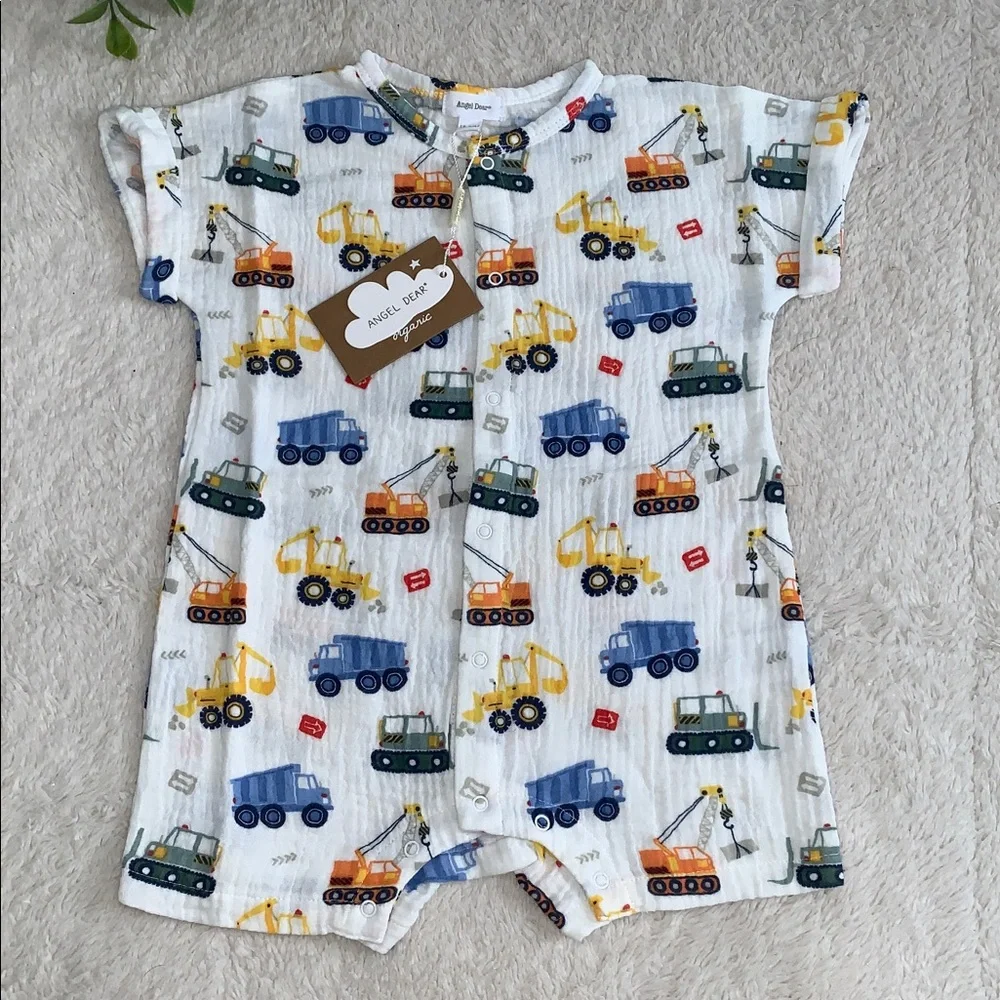 NWT Angel Dear Construction Dolman Henley Shortall Romper Organic Cotton 18-24M